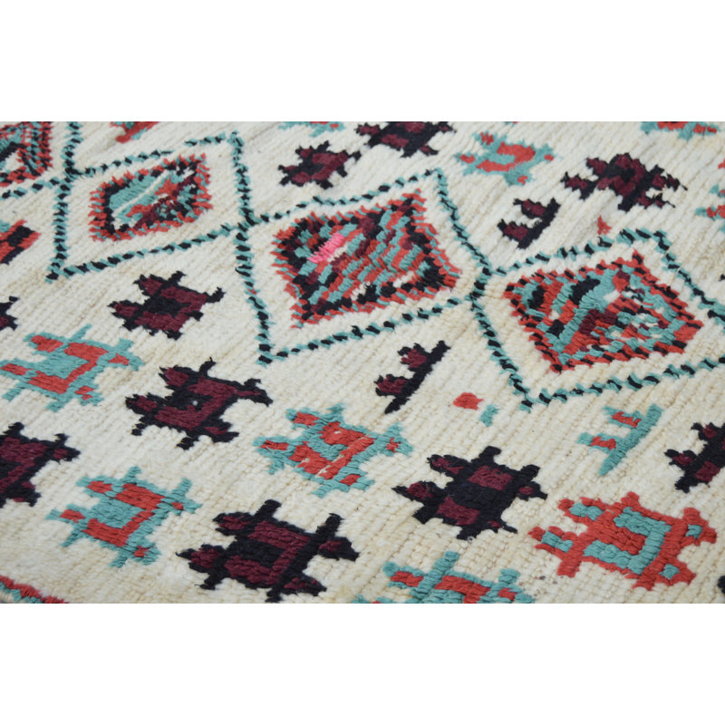 Tapis unique brun clair / sarcelle / orange / noir des années 1980 de 4 pi 2 po x 8 pi 10 po One-of-a-Kind
