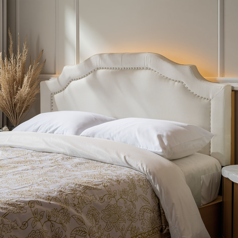 Tête de lit grand format ivoire en tissu - Base en bois massif, hauteur réglable et garniture cloutée avec pieds en métal