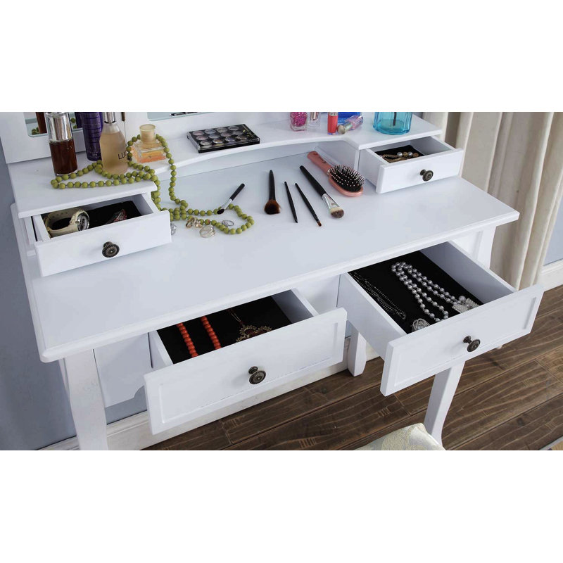 Ensemble coiffeuse et tabouret en bois Sanlo, Blanc