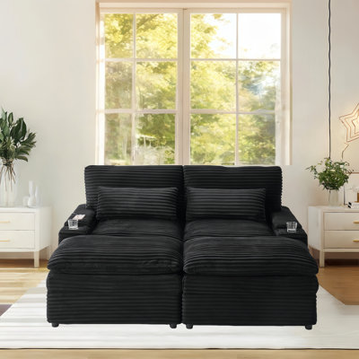 Canapé de 70,9 po de largeur avec deux repose-pieds mobiles, canapé-lit convertible avec espace de rangement, porte-gobelets et ports USB (noir)