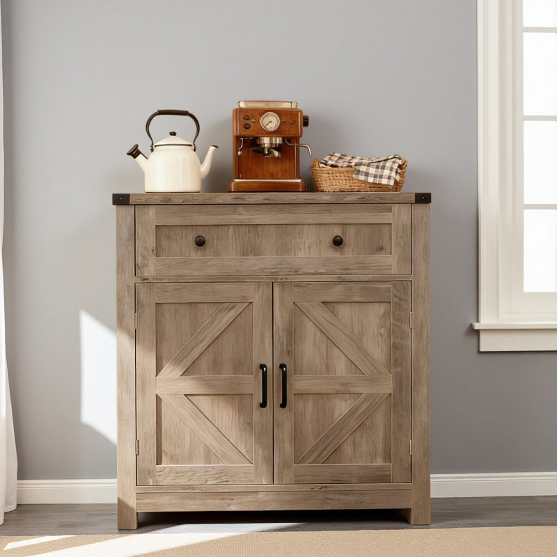 Armoire de rangement avec porte de grange et tiroir de bar Grain Top Farmhouse, Gris clair
