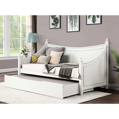 Lit de jour simple blanc de style transitionnel, détails de moulures, conception d'affiche avec fleurons, structure en bois massif, installation pour matelas pour les petits espaces