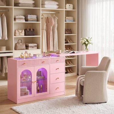 3-in-1 Extendable Vanity Table with LED Lights, 5 Drawers & Display Cabinet -  Makeup Desk & Workstation