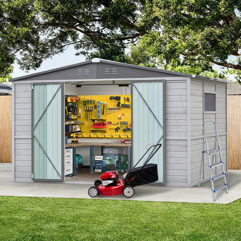 Remise pour outils de jardin en bois avec toit en métal, fenêtres et ventilation 8 pi. X 10 pi. Decksplore