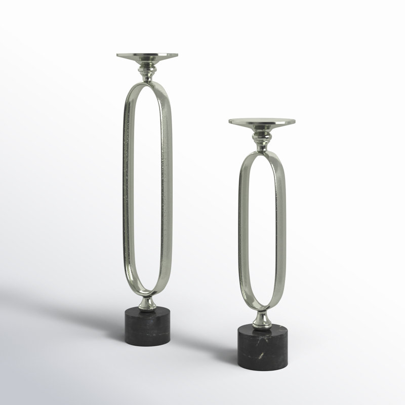 Silver and Black Aluminum Marble Tabletop Candlestick Set