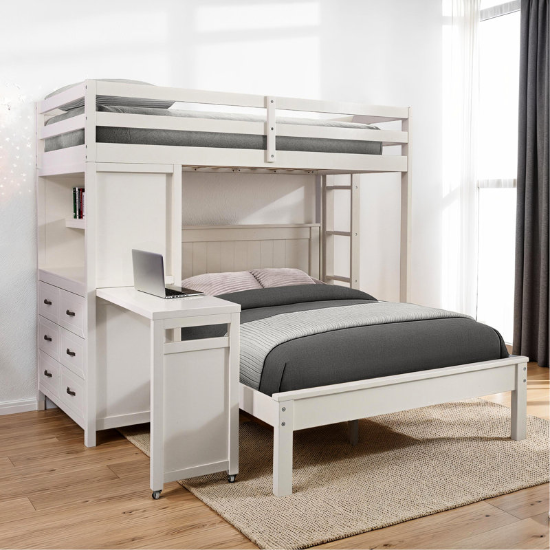 Lit simple contemporain avec bureau intégré, 3 tiroirs, tablettes attachées et ouvertes blanches pour tablette latérale de chambre à coucher
