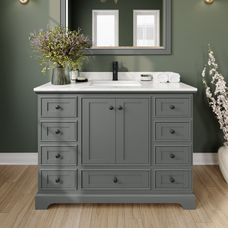 Deborah 48'' Single Bathroom Vanity with Marble Top, Carrara Cultured Marble, Matte Black, Dark Gray