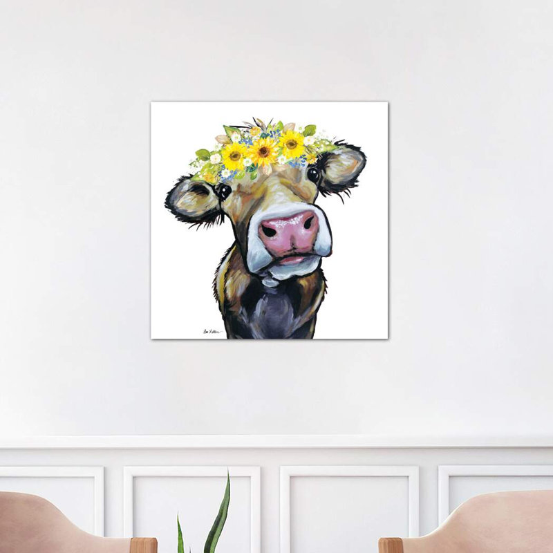 Hazel The Cow With Sunflower Flower Crown - Wrapped Canvas Painting, 66.04 cm H x 66.04 cm W x 1.91 cm D