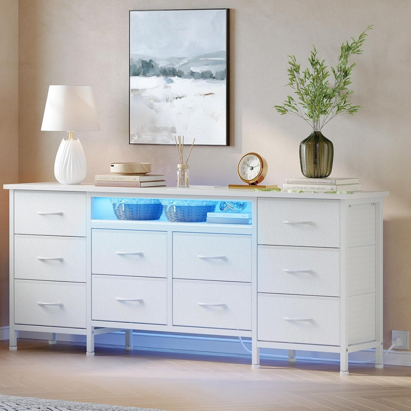 10 Fabric Drawers Long Dresser, Up To 75 Inch Tvs, White