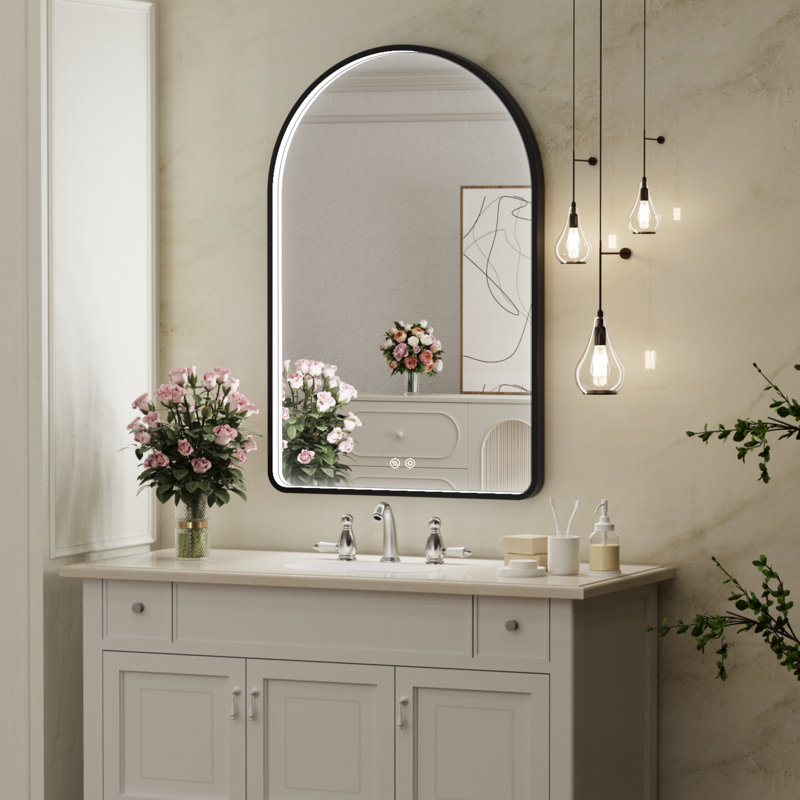 Miroir de salle de bain à DEL avec lumières, miroir de salle de bain arqué avec antibuée, fonction de mémoire, à intensité variable