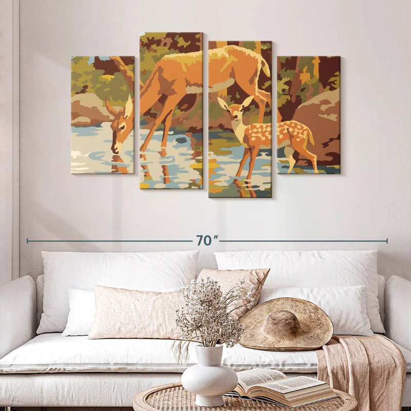 Cerf et fauve, H 32 po x l 52 po