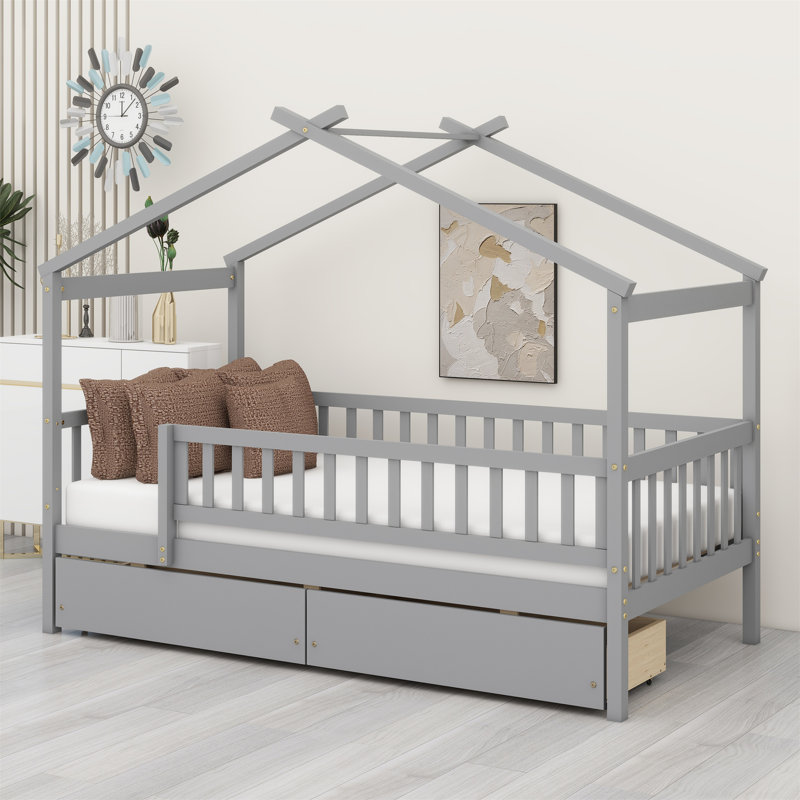 Lit en bois avec deux tiroirs, Gris