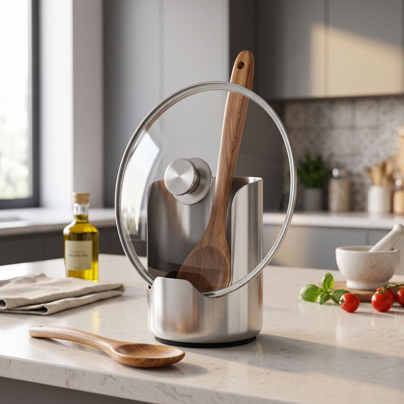 Support de couvercle et repose-cuillère en acier inoxydable multifonctionnel pour la cuisine, compatible avec couvercles, spatules et ustensiles de cuisine.