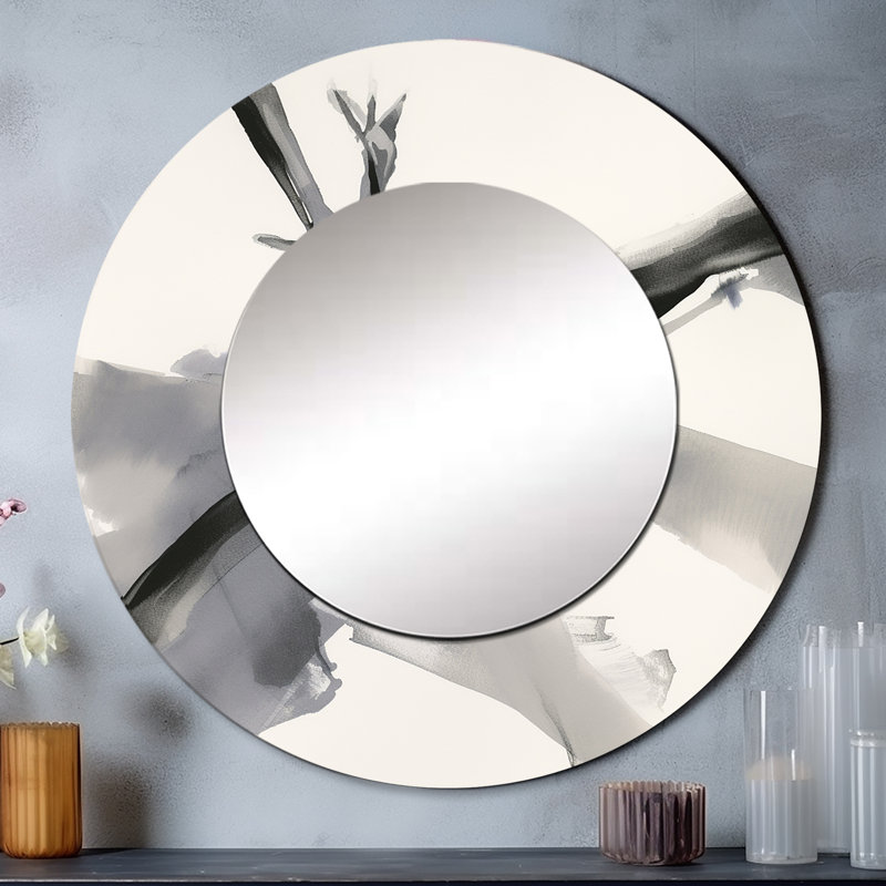 Abstrait neutre III - grand miroir rond à formes abstraites, 23 po x 23 po