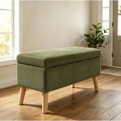32 inch Wide Olive Green Corduroy Storage Ottoman Bench with Wooden Legs, Flip-Top Storage Box, Soft Upholstered End of Bed Bench, Footrest & Shoe Bench for Bedroom, Living Room, Entryway