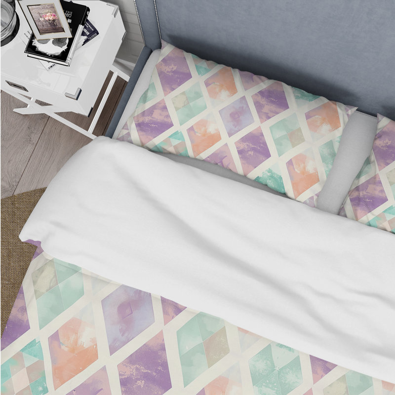 Pink Purple Watercolor Soft Triangle - Boho Duvet Cover Set, King Duvet Cover + 2 King Pillow Shams