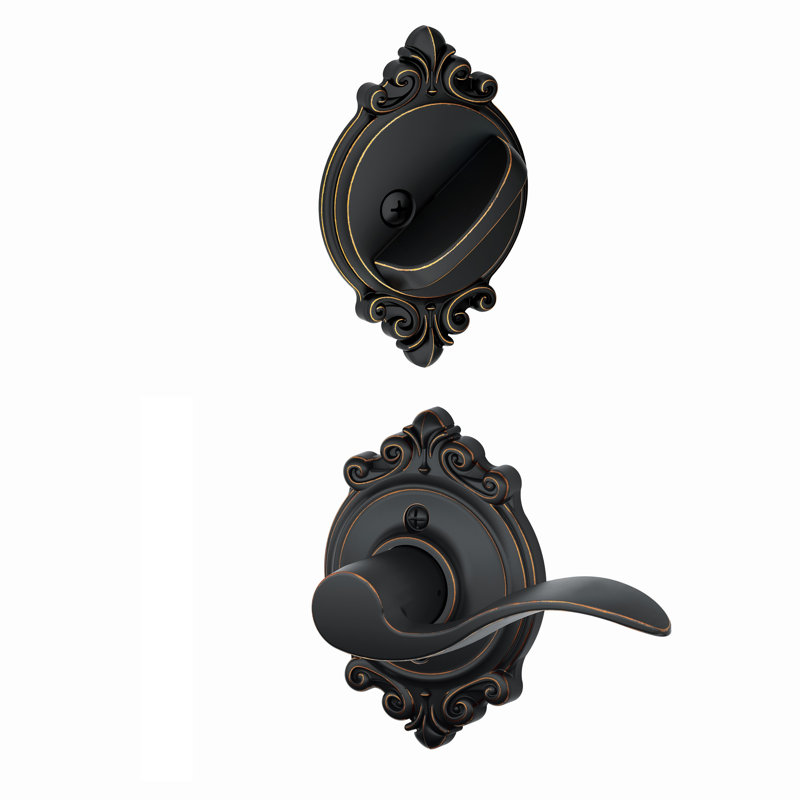 Interior Handleset Accent Lever and Interior Single Cylinder Deadbolt Thumbturn with Brookshire Trim, Aged Bronze, Right Hand