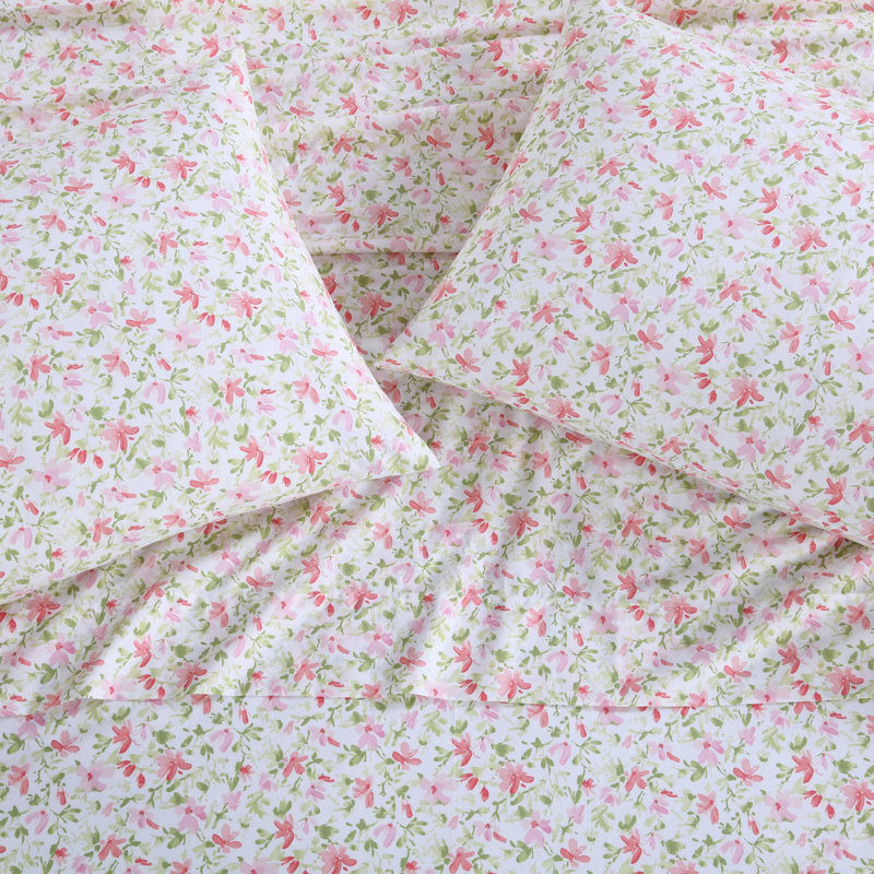 Norella Pink Twin Cotton Percale Floral Sheet Set