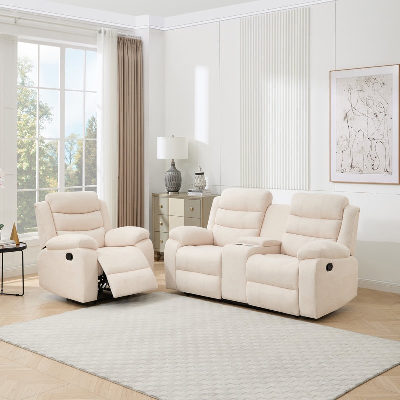 2 Piece Linen Reclining Living Room Set, 3 Seater, Beige