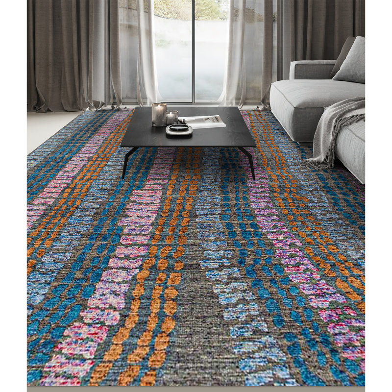 Hand Knotted Wool Striped Area Rug, Rectangle 8' x 10'