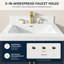 Plan de toilette en surface solide de 61 cm (L) x 53 cm (P) avec lavabo central intégré, dosseret de 9 cm, robinet à 3 trous et entraxe de 20 cm.