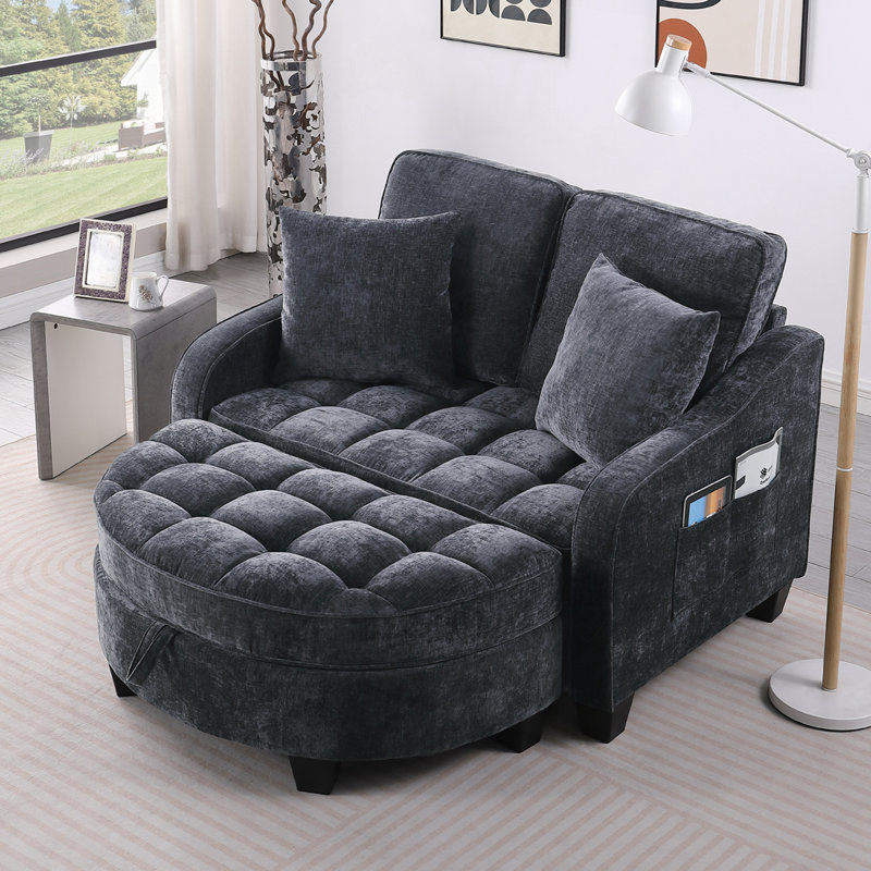 Chenille 2-seater Sofa, Double Sofa Chaise Longue, Black