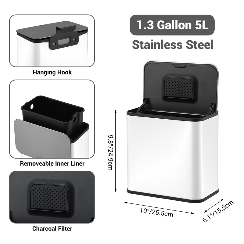 Poubelle suspendue 1,3 gallon, bac de cuisine en acier inoxydable avec couvercle, seau intérieur et filtre à charbon, pour comptoir ou sous l'évier, blanc