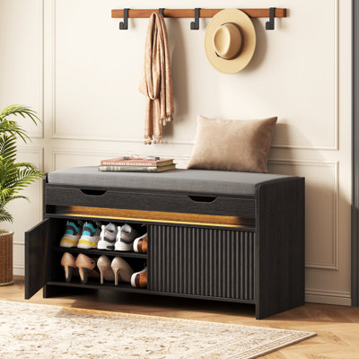 39.4In Fluted Flip top Shoe Bench with Cushioned Seat and LED Light
