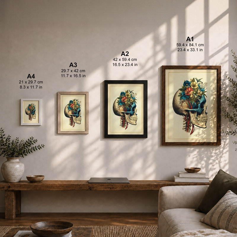 Skull in Bloom Botanical 1 Piece Single Picture Frame Wall Art, A4 - 29.7 x 21.0 cm, Walnut