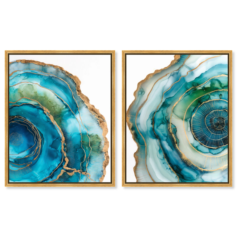 Great Blue Green Abstract , H 21 po x l 17 po, Cadre en toile dorée