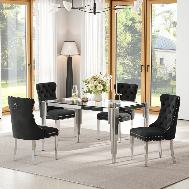 5-Piece Modern Glass Dining Table Set, 52.76" Rectangular Tempered Glass Top, Polished Irregular Round Tube Stainless Steel Legs, 4 Velvet Upholstered Stainless Steel Dining Chairs