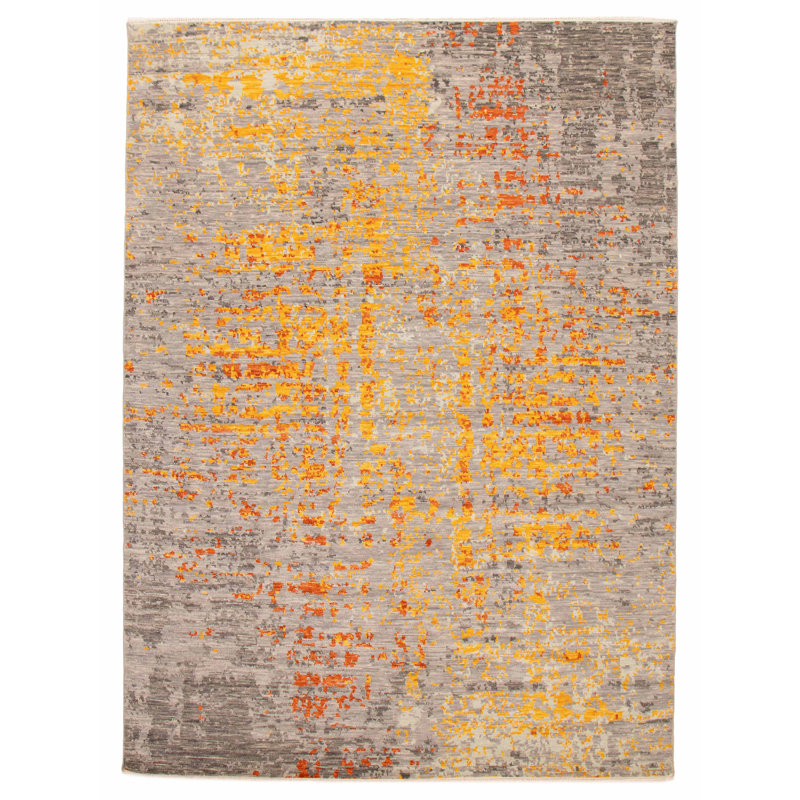 Tapis gris noué à la main unique One Of Kind 9 pi 0 po x 12 pi 5 po