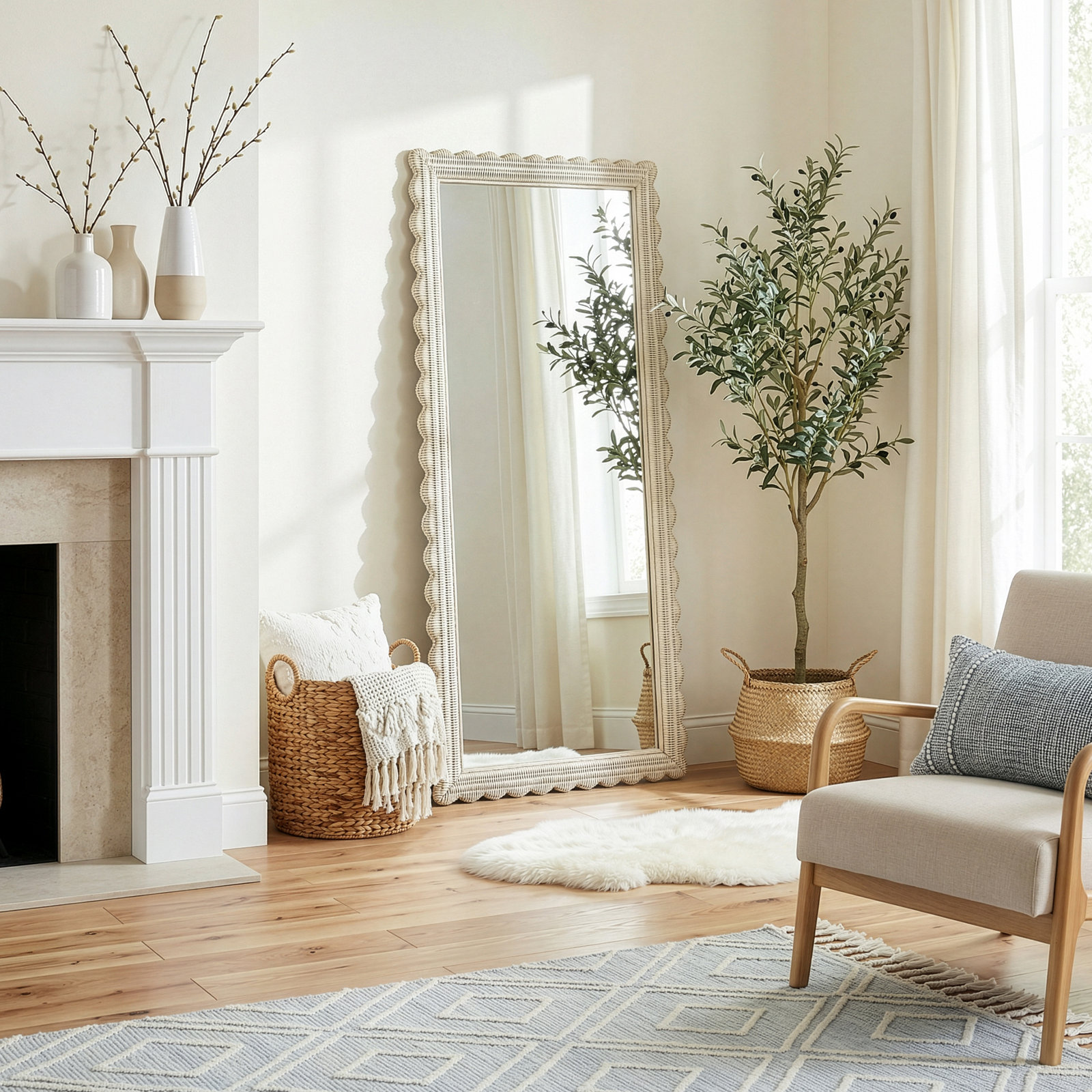 Lacie Scalloped Rattan Floor Mirror, Off-White