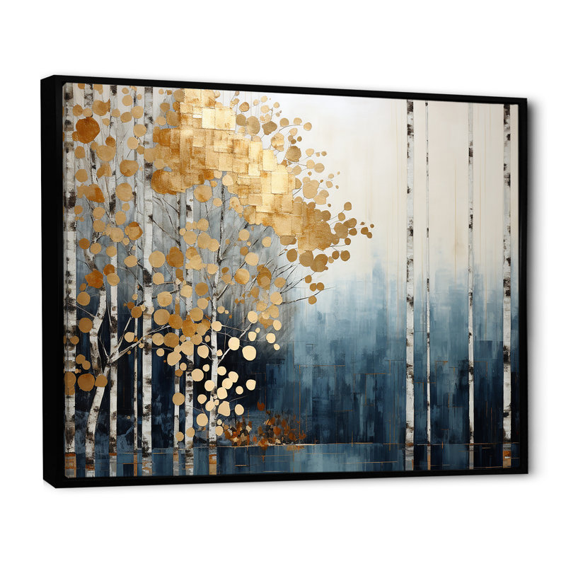 Minimalisme bleu et forêt dorée - art mural forêt, H 30 po x l 40 po x P 1,5 po, Cadre flottant noir