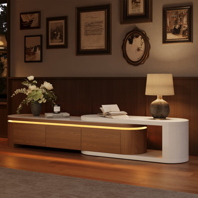 Meuble télé 79 po –106 po Mid-Century avec lumières DEL, console multimédia en pierre frittée brillante, console de couleur noyer et blanche avec rangement, entièrement assemblée