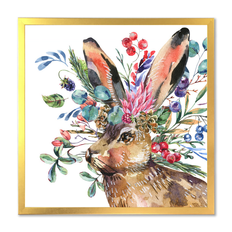 Hare avec fleurs - reproduction d'art sur toile traditionnelle, Cadre photo doré, H 16 po x l 16 po x P 1 po