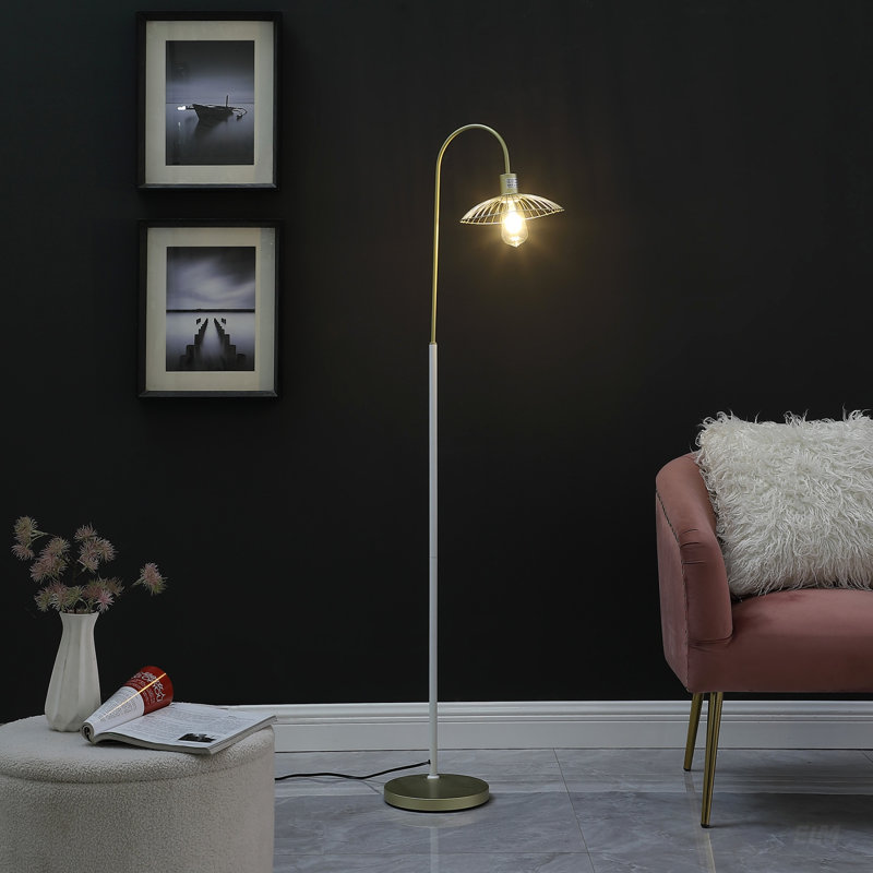 Industrial Farm Style Satin Matte Gold/White Metal Floor Lamp With Cage Shade For Elegant Lighting And Decor