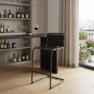 Chaise de bar 35 po en cuir et métal brun et noir