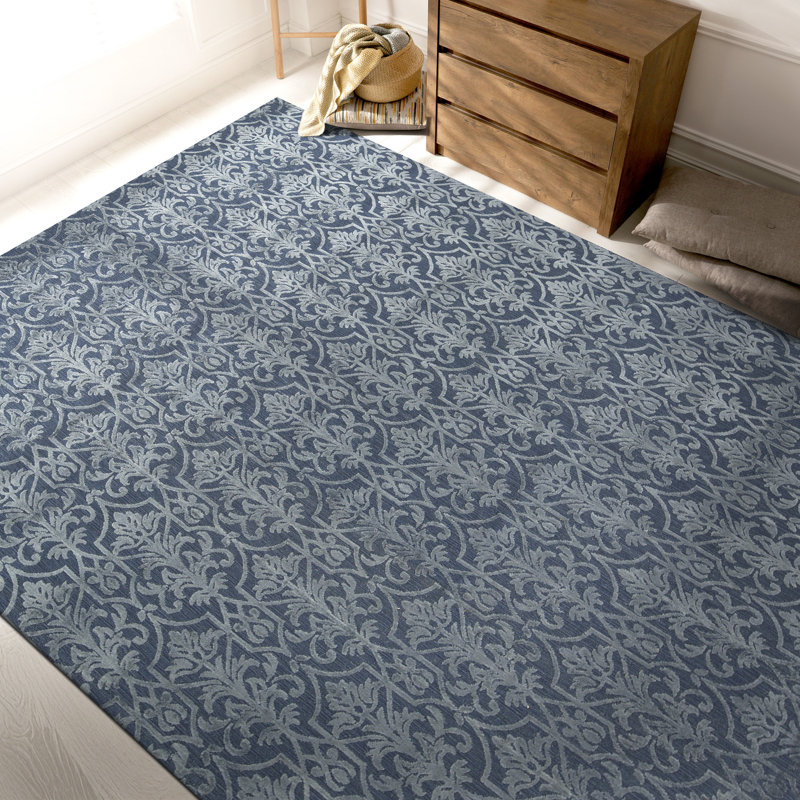 Jakat Wool Damask Area Rug in Blue, Rectangle 9' x 12'
