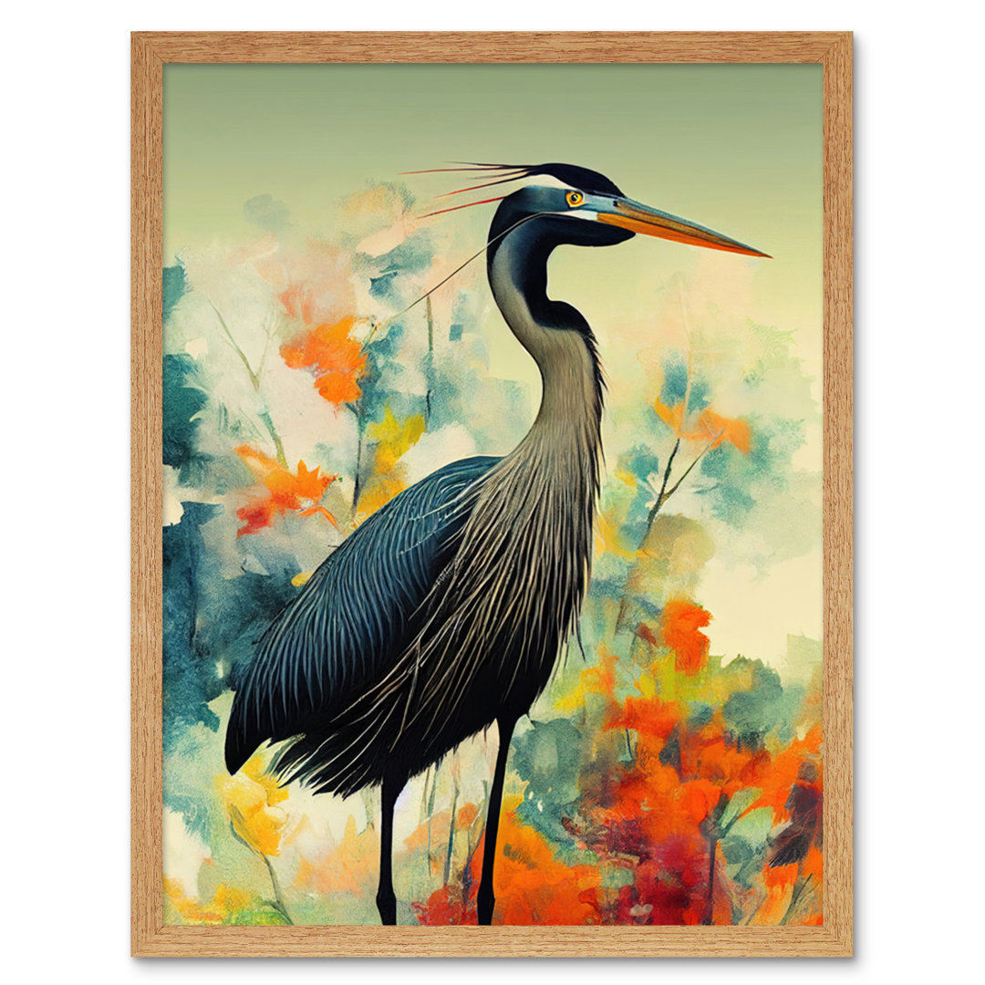 Heron Bird Abstract Flower Field - No Frame Rectangle Print