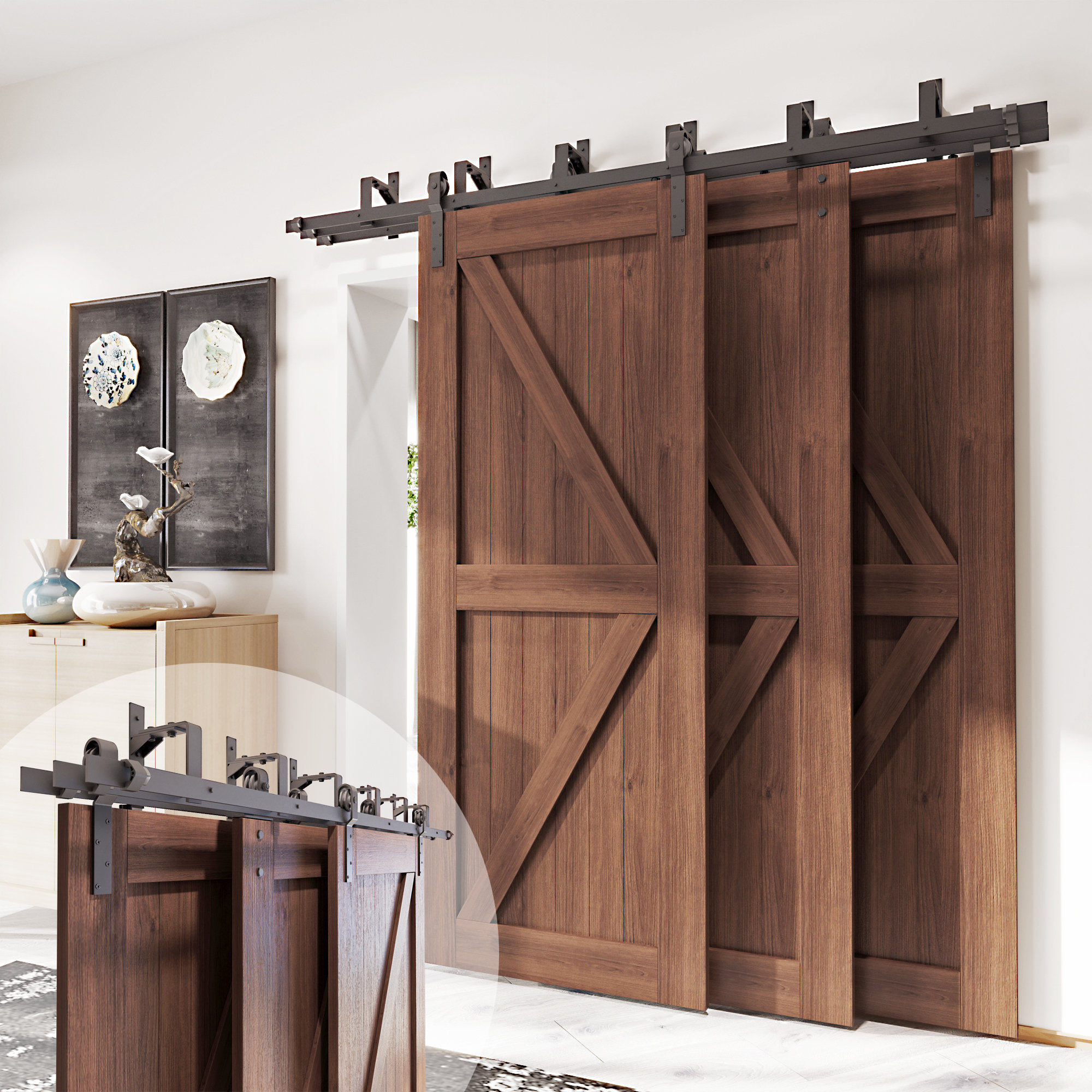 Homacer Black Black Rustic Triple Thinner Door Barn Door Hardware Kit Triple Bypass Wayfair