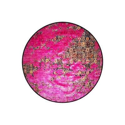 Pink Themed Motif Abstract Patterned Round Woven Base Vintage Decorative Carpet