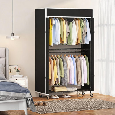 Heavy Duty Carbon Steel Portable Closet Wardrobe - Clothes Rack with Cover - Dustproof, Tool-Included Assembly - Freestanding Storage Organizer on Wheels for Bedroom, Laundry, Black