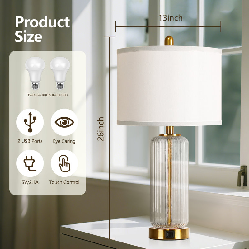 27" Modern Glass Bedside Lamps With Usb A+c Ports, Clear/Gold
