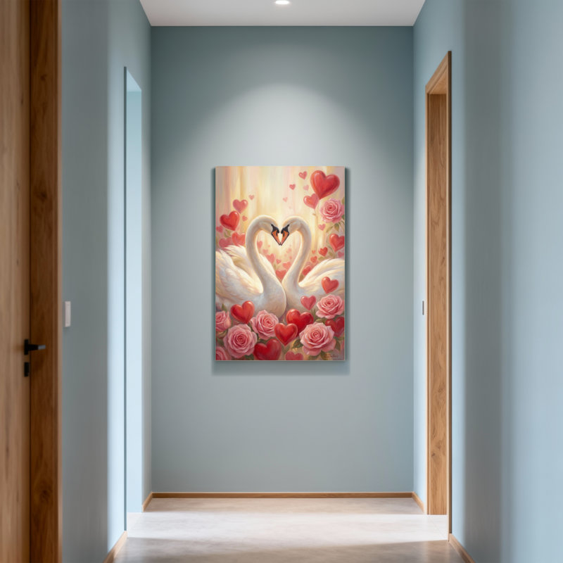 «Valentine's Day Swans Hearts Roses Love Romantic», reproduction d'art sur toile, H 18 po x l 12 po
