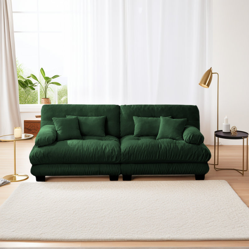 Canapé-lit modulaire en chenille vert 2 places avec 2 coussins lombaires et 2 coussins décoratifs pour petit salon