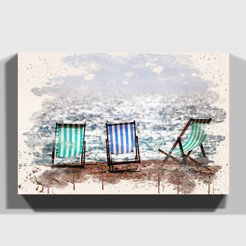 Landscape Brighton Beach Deckchairs Painting on Canvas - Wrapped Canvas, 50cm H x 76cm W
