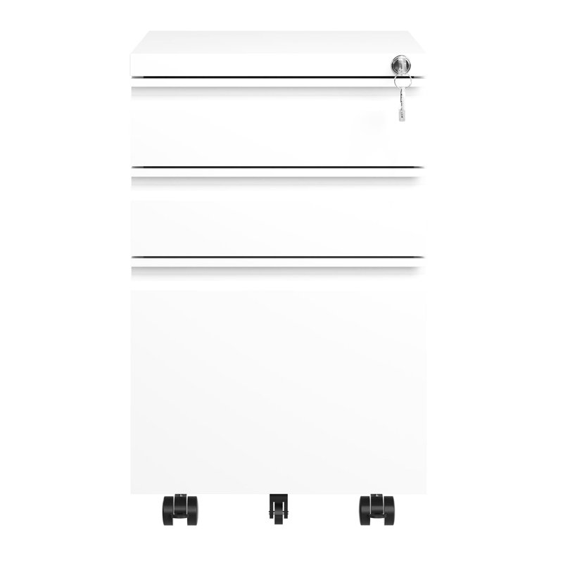 Lockable 3 Drawer File Cabinet For Home Office, White. Fully Assembled Metal Construction. Accommodates Letters/Legal/A4. Secure Document Storage Area. Drawers Have A Removable Pencil Tray.