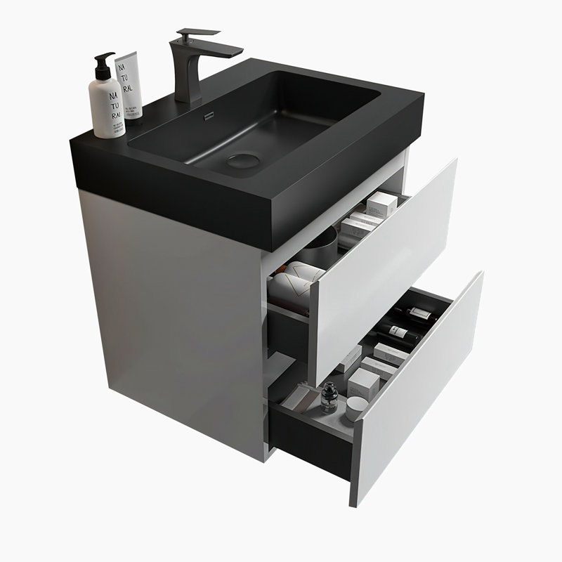 Meuble-lavabo simple 24 po avec surface solide, Noir, Blanc
