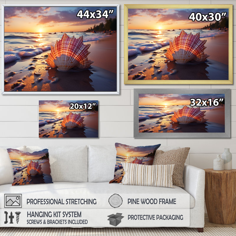 Coucher de soleil sur les trésors du rivage II - plage, art mural, Toile tendue, H 16 po x l 32 po x P 1 po